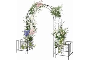 Bonnlo Garden Arch with Planters, 234cmx204cm, Metal Garden Arch with Side Trellis for Climbing Plant, Decoration Arbour for Lawn Backyard