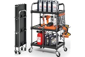 ‎KINGRACK KINGRACK 3-Ebenen servierwagen klappbar mit Rollen ergonomischem Griff, klappbar Allzweck-Dienstwagen mit Organizer-Regal, praktisch für Haushalt, Büro, Garage, Lager Reparaturwerkstatt, schwarz.