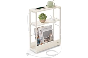 ‎VASAGLE VASAGLE Beistelltisch schmal, Nachttisch mit Ladefunktion, Couchtisch klein, 3 Ablagen, Zeitschriftenhalter, für Wohnzimmer, Schlafzimmer, Arbeitszimmer, cremeweiß LET335W02