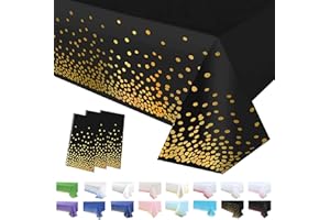 POPOYU 3 Pack Black and Gold Table Cloths, 54 x 108 Inch Black Dot Tablecloths Dot Confetti Party Table Cover Rectangle Plastic Tablecloth Party for Outdoor Picnic Birthday Party,Christmas Table Decorations