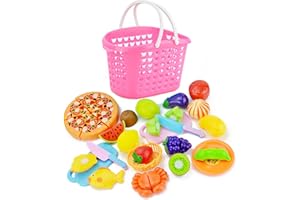 NIWWIN Play Food Fruit Toy, 27 Pieces Kitchen Games, Fake Role Player Games, Kitchen Fruit and Vegetable Cutting Toy, Pretend Play Preschool Education Toy, Child Gift (Pink)