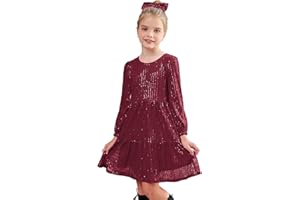 GRACE KARIN Girls Shiny Sequined Dress Long Sleeve Crew Neck Tiered A-Line Dress with Hair Bow 6-12 Years