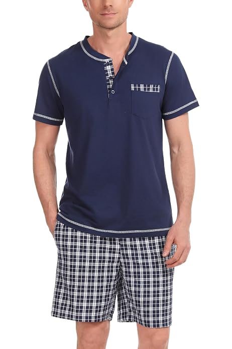Litherday Pyjama Homme Été Coton Court – Ensemble 2 Pièces Short + T-shirt Manches Courtes Col V, Carreaux Tendance, Confort Absolu