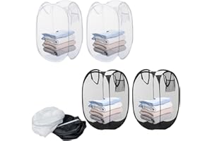KIKAWORD Mesh Laundry Basket, 4 Pieces Collapsible Laundry Hamper Pop Up with Handles&Side Pocket Suitable for Children's Room, College Dormitory Travel (Black White)