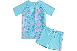 Fanient Girls Swimming Costume Kids Two Pieces Short Sleeve Swimsuit Cute Printed Swimming Suit UPF 50+ Protection Swimwear Sets 4-10 Years