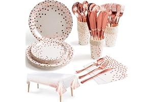 NKAISO 141Stück Rotgold Partygeschirr,Partyzubehör Pappteller Set,Wiederverwendbar ​Papier Geschirr Set einschließlich Tischdecke Teller Becher Servietten zum Geburtstag,Hochzeiten,Jubiläums(20 Gäste)