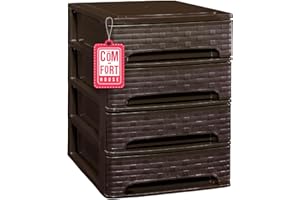 COM-FORT HOUSE Cajonera Plástico 4 Cajones Modelo Bambú color Wengue - Organizador de Escritorio, Mini Cajonera para Papeles y Material de Oficina, Organizador de Documentos 355 x 265 x 350 mm
