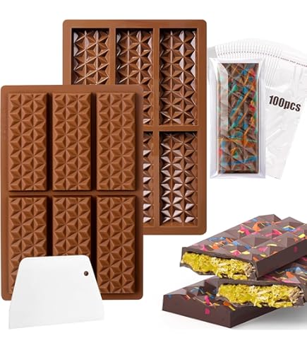 Schokoladenformen-Set Aus Silikon – 2 Formen Für 6 Tafeln + Abstreifer + 100 Tütchen – Selbstgemachte Pralinen & DIY Schokolade