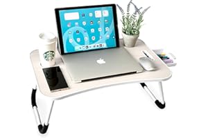 unycos - Bandeja para Cama, Mesa Plegable de Desayuno, Ideal para Portátil, Ordenador y Libros, Ergonómica, Mesa Auxiliar con Atril para Leer en la Cama 60x40x26 cm (Blanco Hueso con Cajón)