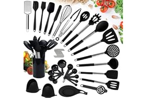 TAVADA Ustensiles de Cuisine Silicone,49 Pcs Antiadhésif, Set avec Pot de Rangement pour Louche/Spatule,Noir