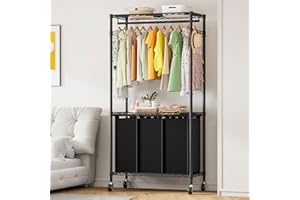 KZOBYD Wäschekorb mit Verstellbares Regal und Kleiderstange, Metall Wäschesortierer mit Rollen, Kleiderständer mit Wäschesammler, Schwarz Wäschewagen, 3 Ausziehbarer Wäschesack