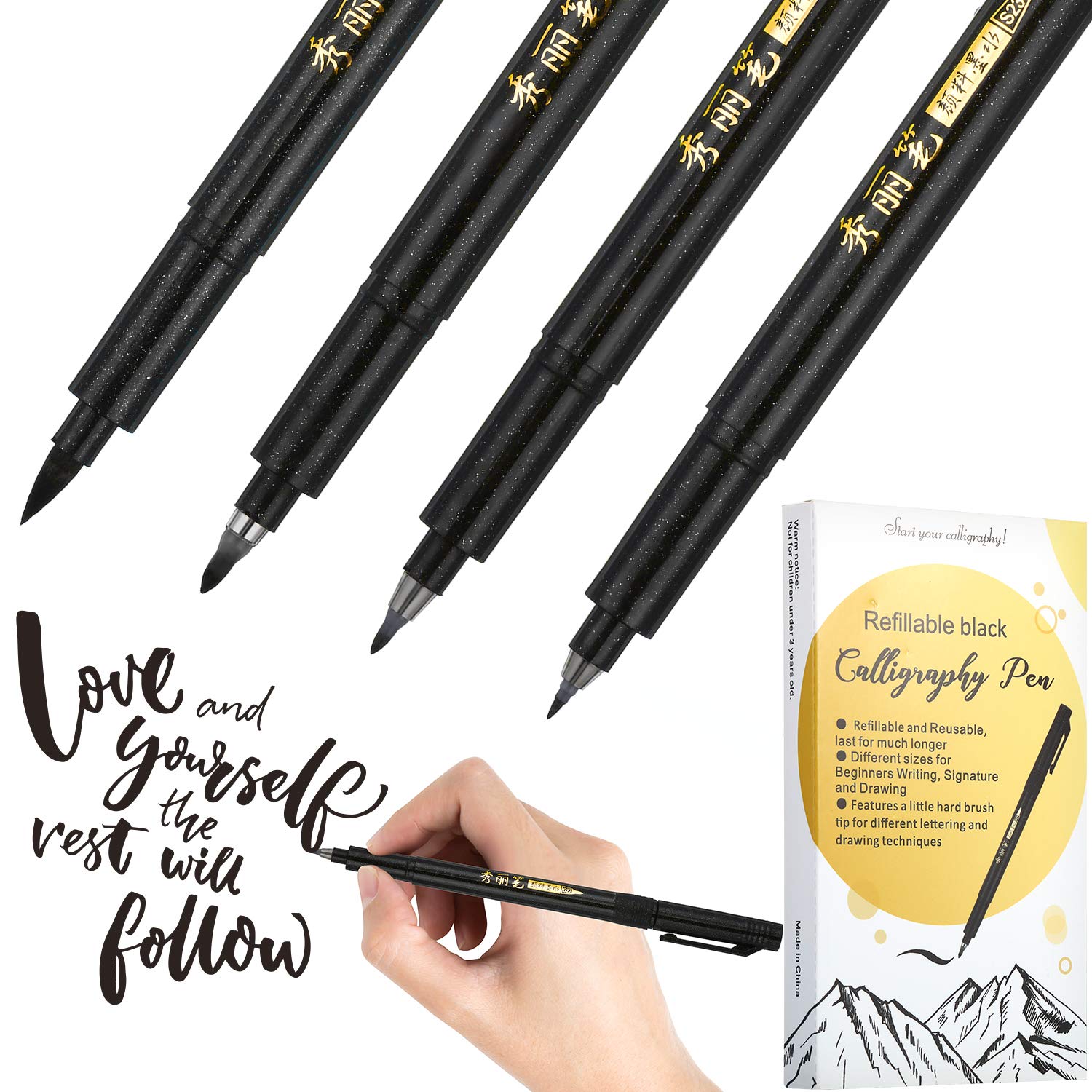 Refill Brush Calligraphy Pen For Lettering 4 Sizes Black Brush Marker Pen Calligraphy Set For Beginners Writing Scribble Sheet refill brush calligraphy pen for lettering 4 sizes black brush marker pen calligraphy set for beginners writing
