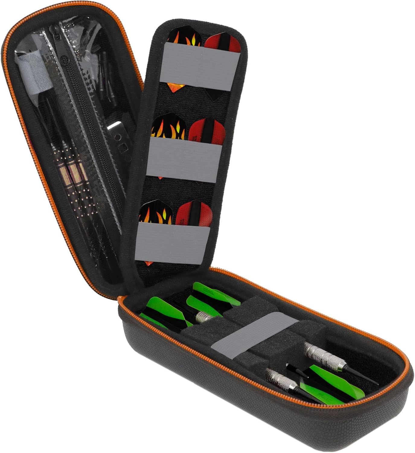 USA Gear Funda para Dardos - Estuche 3 Dardos de Punta Blanda con Compartimento Puntas de Plástico, 12 Ranuras Plumas, Varillas y Otros Accesorios - Diseño de Espuma con Cierre Seguridad (Negro)