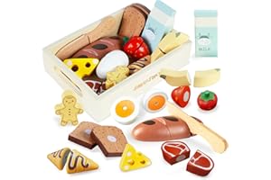 Smartwo Wooden Play Food Set, Kids Kitchen Shop Grocery Accessories, Toddler Fruit Bread Meat Cutting Game, 12-Piece Pretend Breakfast, Toy Picnic, incl. Christmas Gingerbread, Girl Boy Gift