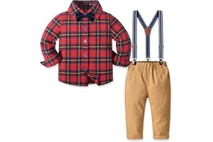 Angelwilla Baby Boy Outfits Set, 4pcs Toddler Dress Suit Baby Boys Clothes Sets Baby boy Clothes Gentleman Outfit Long Sleeve Shirts + Trousers + Suspenders + Bowtie