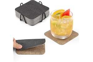 Chitomars Juego de 12 posavasos, posavasos de cristal antideslizantes de doble cara, lavables, de piel sintética, con soporte (gris, beige, cuadrado)