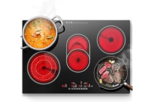 KICHPOWER Plaque Vitrocéramique 5 feux, Plaque de cuisson Electrique Encastrable 77cm, 8500W, 9 Niveaux, Incluant Des Zone Triples et Ovales pour Grillade, Commande Tactile, Pour Toutes Les Casseroles