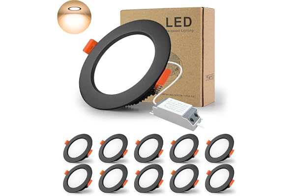 BAGZY Spot Led Encastrable Noir Extra Plat, 10 Pack 5W 500LM = 50W incandescence, IP44, 3000K Blanc Chaud, AC 220-240V,Découpe 70-80mm,Rond plafond encastré Pour salle de bain,Cuisine,Salon,Couloir