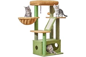 Taoqimiao Cat Tree, 97cm Cat Tower for Indoor Cats, Small Cat Tree Suitable for Kittens with Luxurious Cat Condo, Adjustable Basket and Luxurious Perch, Green MS029ST