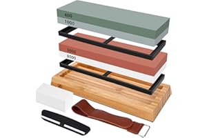 GOWKEEY Kit de Pierre à Aiguiser,grain double face 400/1000/3000/8000,Davec Pierre à Aplatir, Base en Antidérapante, avec Base en Bambou Antidérapante, Pierre à Aplatir, Guide d'angle et Lanière en Cuir