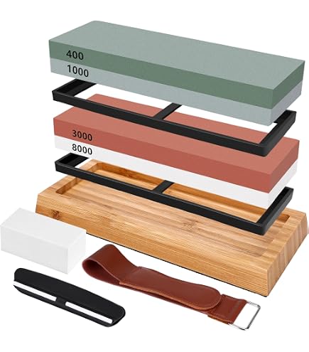 Kit Pierre à Aiguiser 4 Grains (400/1000/3000/8000) Avec Base Bambou, Guide Et Lanière Cuir - Pour Couteaux