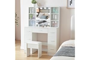 SAIHEMEI Vanity Desk, Makeup Dressing Table with LED Lighted Mirror, Vanity Table Set with 7 Drawers and 8 Shelves, 3 Color Modes Brightness Adjustable for Bedroom Studio