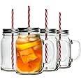 Rink Drink Drinking Mason Jars with Lids and Reusable Straw - Pack of 4-620ml Glass Drinking Jar Mugs with Handles and Screw Top for Overnight Oats, Smoothies, Cocktails, Drinks