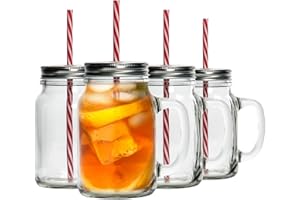Rink Drink 4x 620ml Glass Drinking Mason Jars With Lid and Reusable Straw - Mason Style Jam Jar Cocktail Glasses with Handle