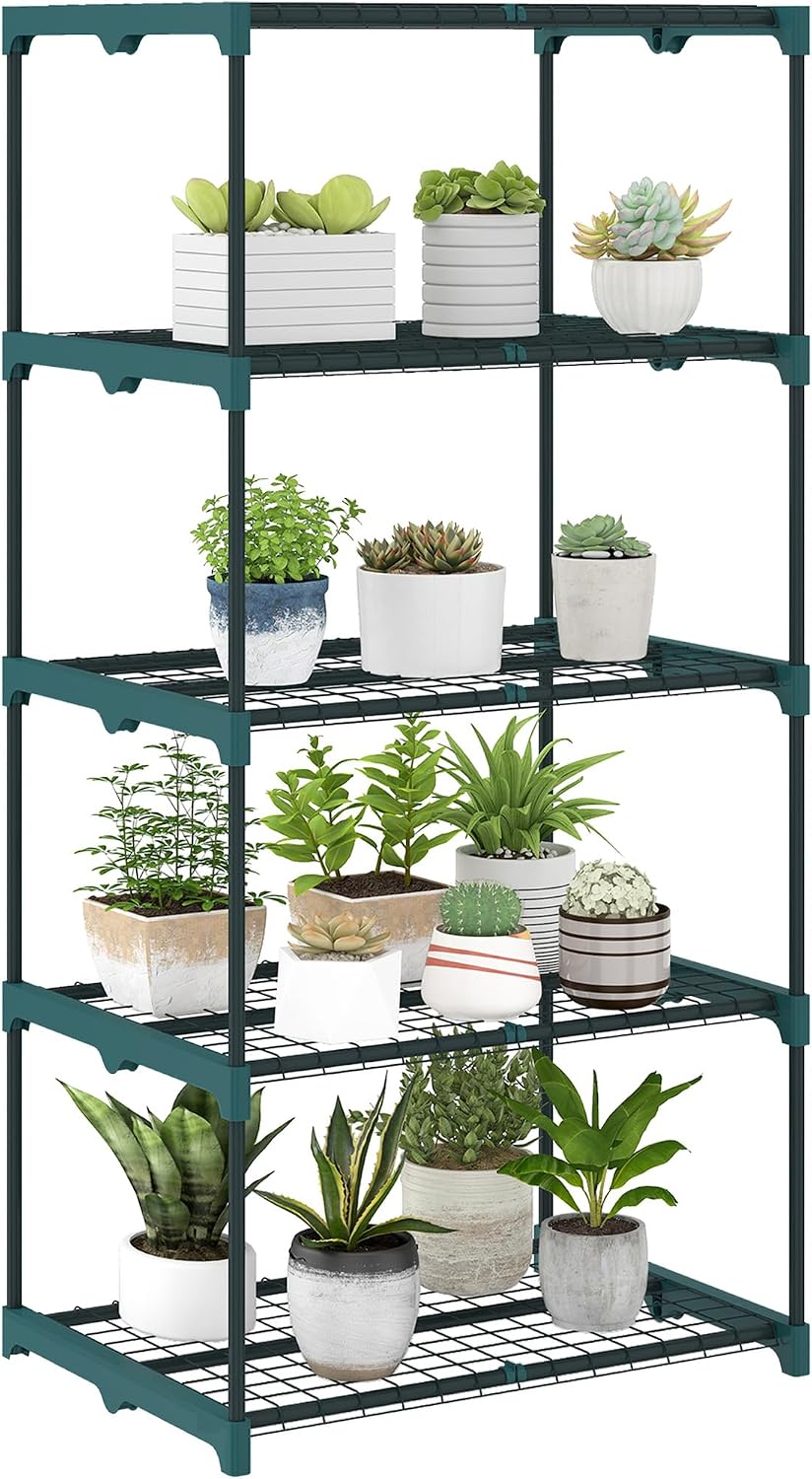 Outsunny Soporte para Plantas de 5 Niveles, Estantería para Plantas de Acero, Estantes de Rejilla, Soporte para Macetas, Interior y Exterior, 67x49x138 cm, Verde Oscuro