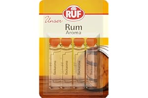 ‎RUF RUF Backaroma Rum, 4 Fläschchen Rumaroma zum Backen für Torten-Boden, Biskuit-Teig oder weihnachtliches Gebäck, tröpfchenweise dosierbar, 4 x 2g