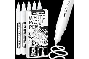 ‎ARTISTRO 5 Weiße Acrylstifte für Steine, Zeichenstifte, Felsmalerei, Keramik, Glas, Holz, Reifen, Stoff, Metall, Leinwand, DYI, 5-er Set Acrylfarbe Permanent Marker Weiß auf Wasserbasis mit Extra-Feiner Spitze
