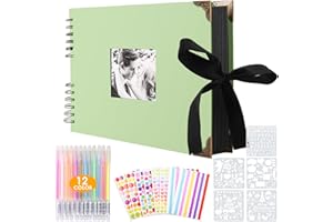SPLEND Album Photo à Spirale, 80 Pages Noires, pour Scrapbooking avec 2 Coins Photo, 6 Autocollants, 5 Pochoirs et 12 Feutres de Couleur, pour Mariage, Anniversaire, Noël