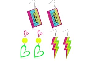 Meng Jiaran 3 Pairs 80s 90s Neon Earrings for Women Acrylic Retro Heart Audiotape Lightning Dangle for 80s Disco Theme Party Accessories