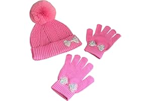 QKURT Girls Beanie Winter Hat and Mittens Set, Warm Accessories for Toddler Knitted Cold Weather, Kids Thermal Hat and Gloves