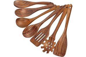 comfoyar Teak Utensili da Cucina Set, 7 Pezzi Cucchiai di Legno per Cucinare Set con Spatola e Ladle, Resistente al Calore Mestoli in Legno per Pan Antiaderente