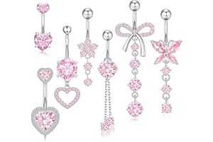 Irikdescia 7 Stück Lange Bauchnabelpiercing Set, Chirurgenstahl Silber Rosa, Hängende Schmetterling und Herz Designs, Blume Bauchnabelpiercing, Bauchnabelpiercing Set
