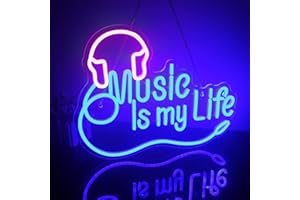 Looklight Music Is My Life Enseigne au néon pour écouteurs, enseignes au néon à intensité variable rose bleu LED pour chambre à coucher, studio de musique, bar, club, cadeau de fête musicale