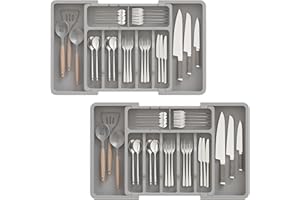 ABHENG Organizador de Cubiertos, Lot de 2, Organizador de Cajones para Utensilios de Cocina Extendible y Ajustable, Portacubiertos de Plástico con 9 Compartimientos,Gris,AFD012G