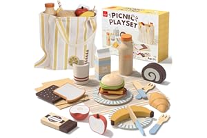 Lehoo Castle Cocinita Infantil, Juguete de Picnic de Madera, Cocina Juguete con Postre de Frutas Cortadas, Cocina Juguete Madera con Bolsa de Tienda, Juguetes Montessori, 3+ Años