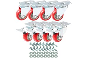 FACTORDUTY 8 PCS 75mm up to 400KG, Heavy Duty Red PU Swivel Castor Wheels, 4 No Brake + 4 Brake for DIY, Furniture Trolley Wheels with Double Ball Bearings Swivel Head, Caster Wheel with Screws