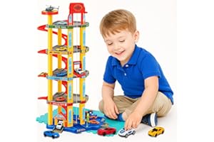 koolbitz Kids 5-Story Car Parking Lot and Garage Playset Toy with Lift, Spiral Ramps, Fuel Station, Service Area and Cars, 3 Floors of Parking Garage Pretend Play for Boys and Girls ages 3+