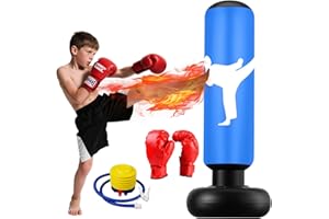 FOHIL Sac de Frappe Enfant, 160cm Sac de Boxe avec Gants et Pompe, Gonflable Punching Ball Enfants pour Taekwondo Karaté, 3-12 Ans Cadeaux pour GarçOns et Filles Set de Boxe pour Bureau,Gym