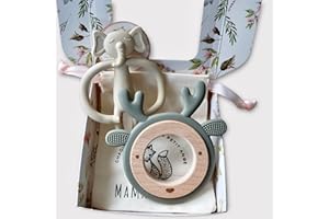 MAMAN COCO L’Anneau de Dentition bébé Silicone Alimentaire sans BPA avec Le Bois Naturel - Jouet de Dentition pour bébé - Jouet éveil Montessori à Mordiller - Cadeau Naissance (Deer Sage + Elephant)