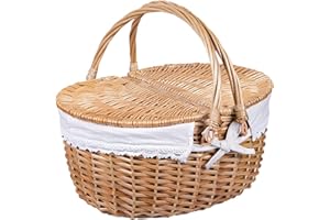 HEMORE Canasta de Picnic, cestas de Mimbre Plegables de 35 cm/13.9 Pulgadas con Tapa y manija, Cesta de cesto de Mano rústica para bocadillos de Picnic Huevos de Pascua (Blanco)