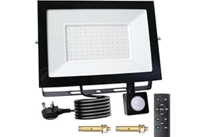 DoRight 100W Security Lights Outdoor Motion Sensor, 5000LM PIR Floodlight with Remote Control IP66 Waterproof Plug in Motion Sensor Outdoor Wall Light Cool White 6000K for Garden, Backyard, Garage