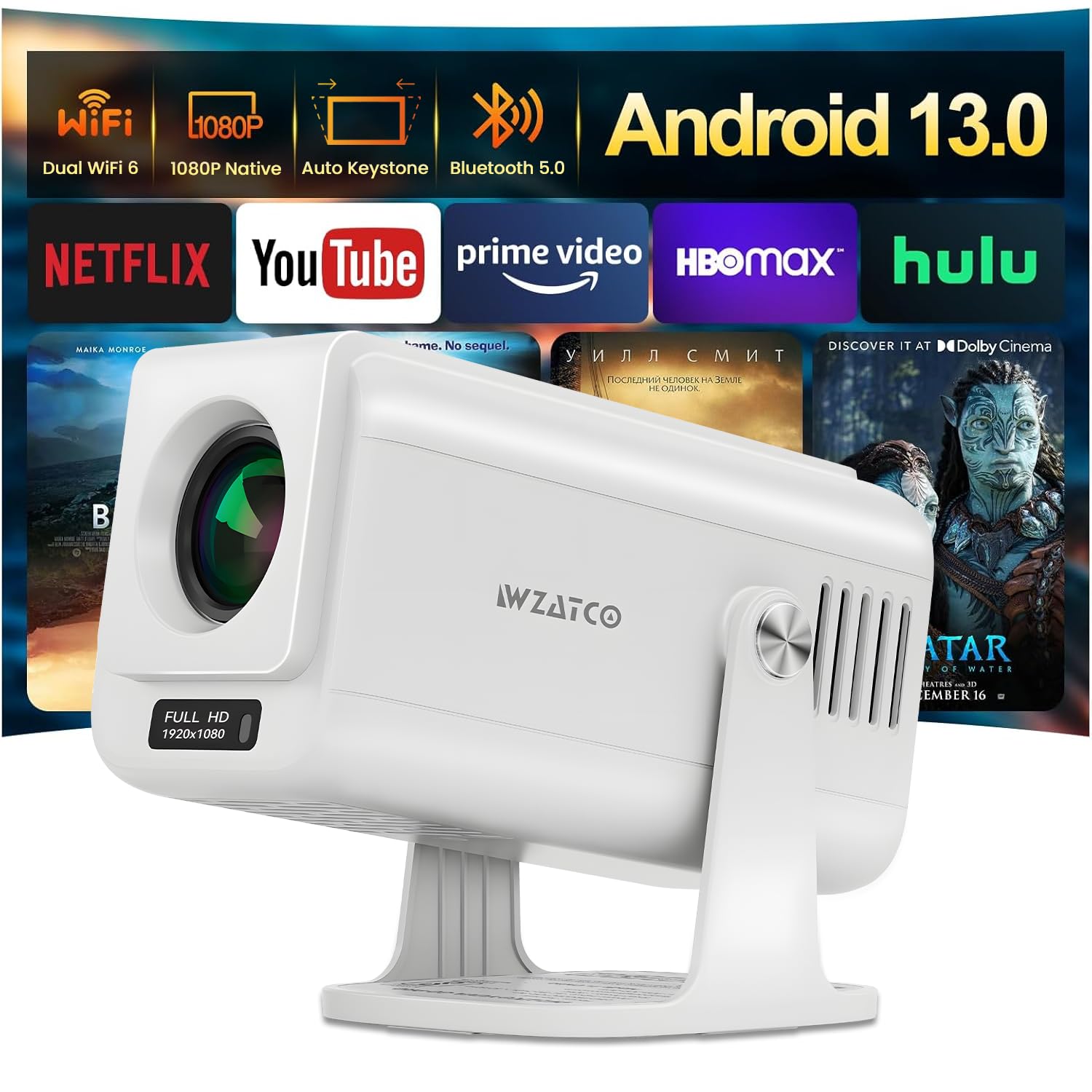 WZATCO Yuva Go Pro Native 1080P Android 13.0 Smart Projector, Auto Keystone, 4X Brighter, 4K HDR Support, Rotatable Design with Netflix, Prime etc, WiFi 6 & BT, Screen Mirroring, ARC, White
