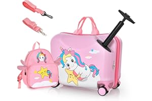 DREAMADE Valise Roulette Enfant 18" et Sac à Dos 12" avec Bandoulière Réglable Bagage Cabine Enfant 3+Ans avec Roues Pivotante 360° Bagage à Main Fille et Garçon Charge 50KG+8KG (Licorne Rose)