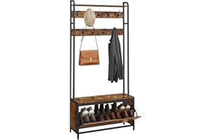 ‎VASAGLE VASAGLE Garderobenständer mit Schuhschrank, Garderobe mit Sitzbank, Kleiderständer, Schuhkipper, 9 Haken, obere Ablage, für Flur, Schlafzimmer, Industrie-Design, vintagebraun-schwarz HSR405B01