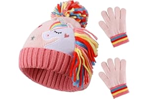 QKURT Kid’s Stretchy Beanie Hat Mittens Set, Toddler Winter knitted Cap with Pom Pom Thermal Gloves Set 2 in 1 Unicorn Cold Weather Accessories for Girls