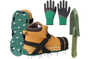 MYSHELL Aerator Shoes for Lawn, Spike Shoes for Self Levelling Floor with Hook & Loop Straps, Including Stainless Steel Shovel and Work Gloves, Spiked Aerating Sandals for Yard Patio Garden Grass Lawn